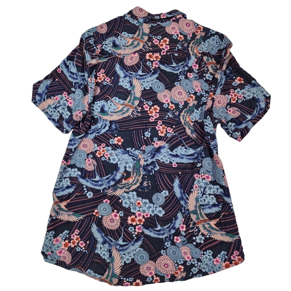 4th Dimension Button Down Shirt M Blue Cherry Blossom Crane Print Rayon Boho